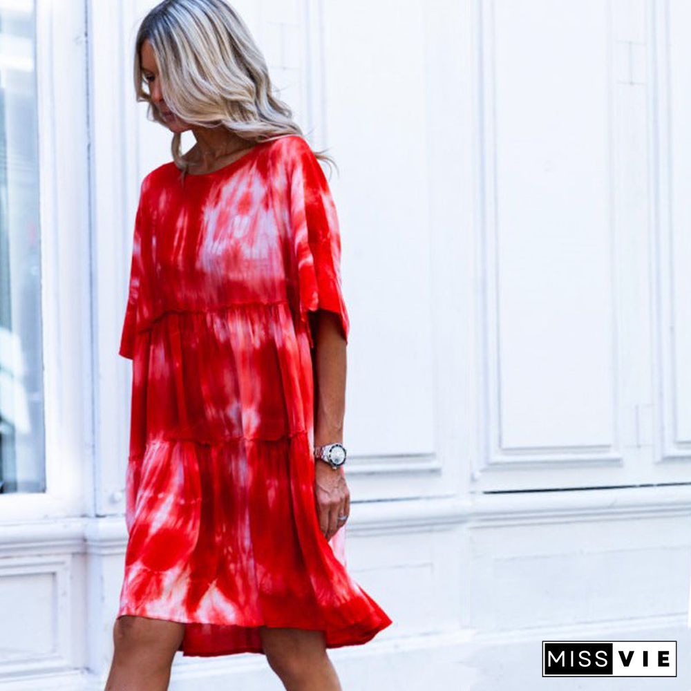 Off Shoulder Tie Dye Loose Casual Midi Dress