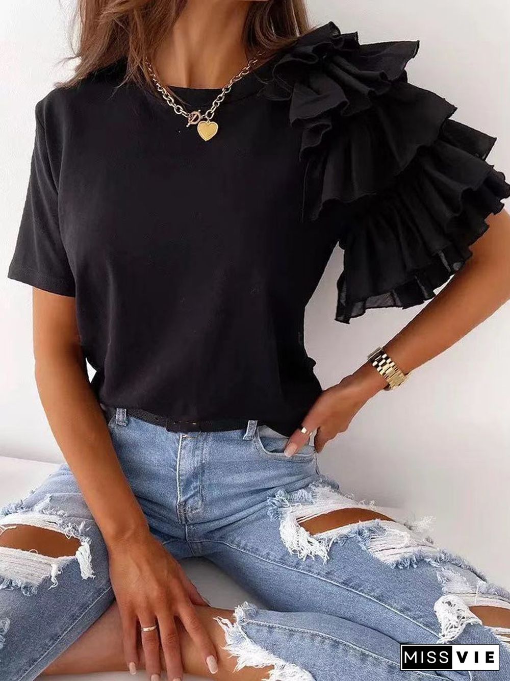 Summer Short Sleeve Women's T-Shirt Pullover Casual O Neck Blouse Fashion Layered Ruffle Top Shirt Streetwear For Women Clothing