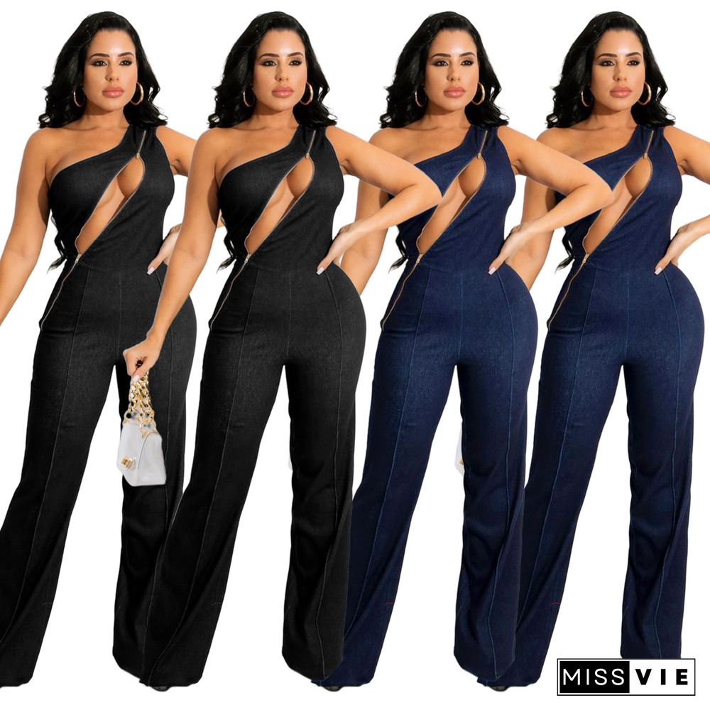 Zipper Stitching One Shoulder Wide Leg Jumpsuit