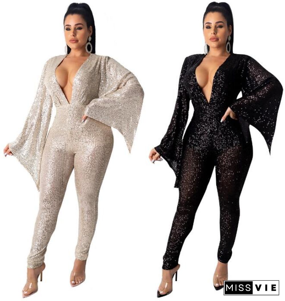 Sexy Deep V Wide Sleeves Skinny Sequins Jumpsuits