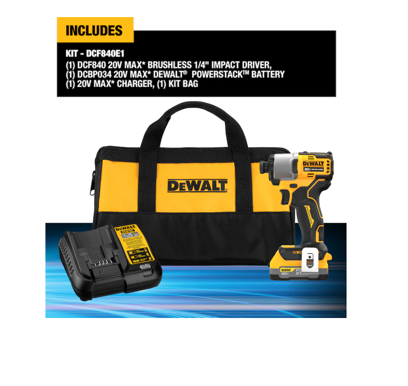 DEWALT DCF840E1 20V 1/4 in IMPACT DRIVER WITH POWERSTACK BATTERY