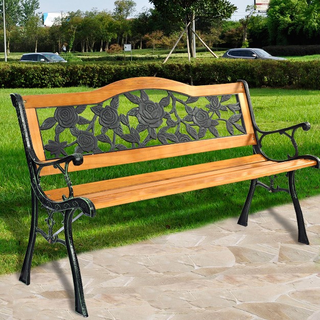 Tangkula Garden Cast Iron Bench Porch Path Loveseat Hardwood Chair For Patio Park