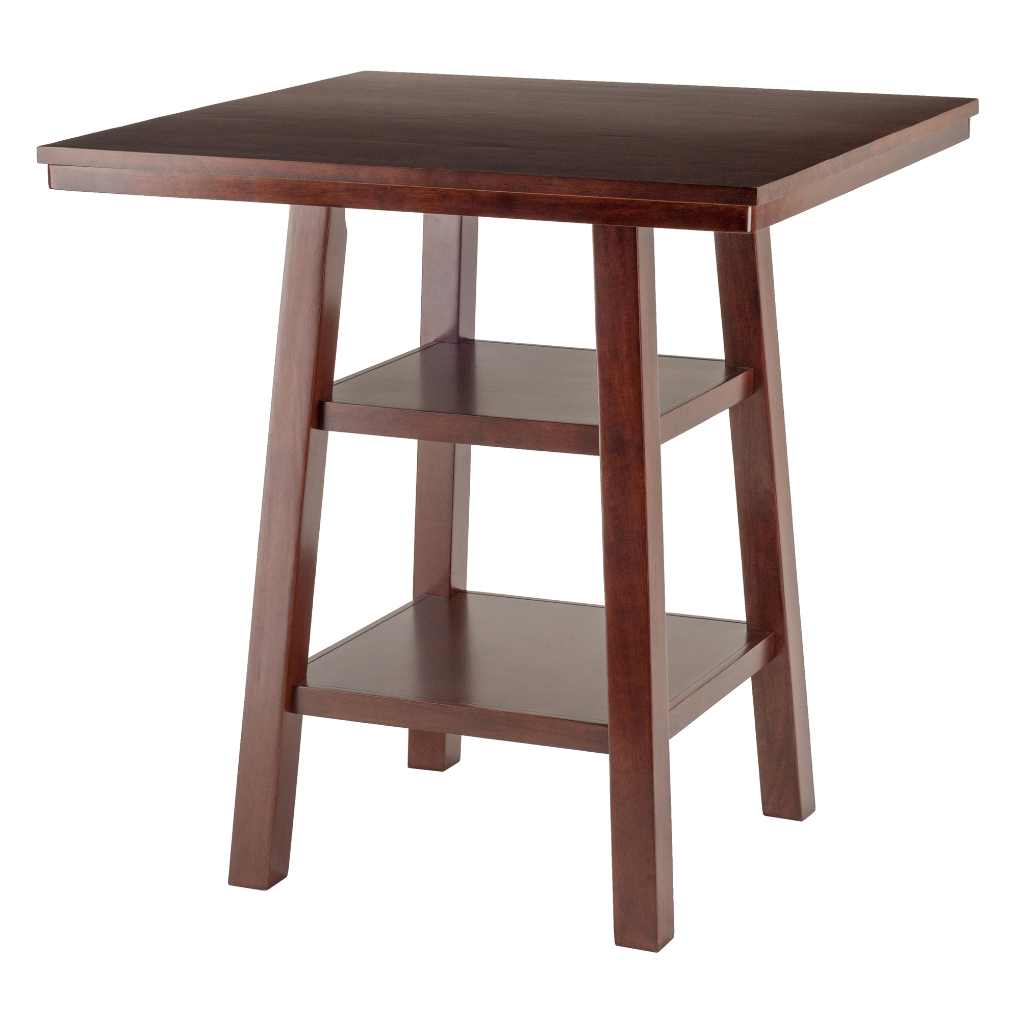 Winsome Wood Orlando 3-Pc Set， High Table with 2 Shelves and 2 V-Back Counter Stools， Walnut Finish