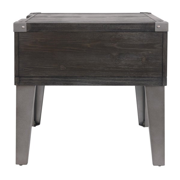 Rectangular Wooden End Table with 1 Drawer and Corner Metal Brackets， Gray