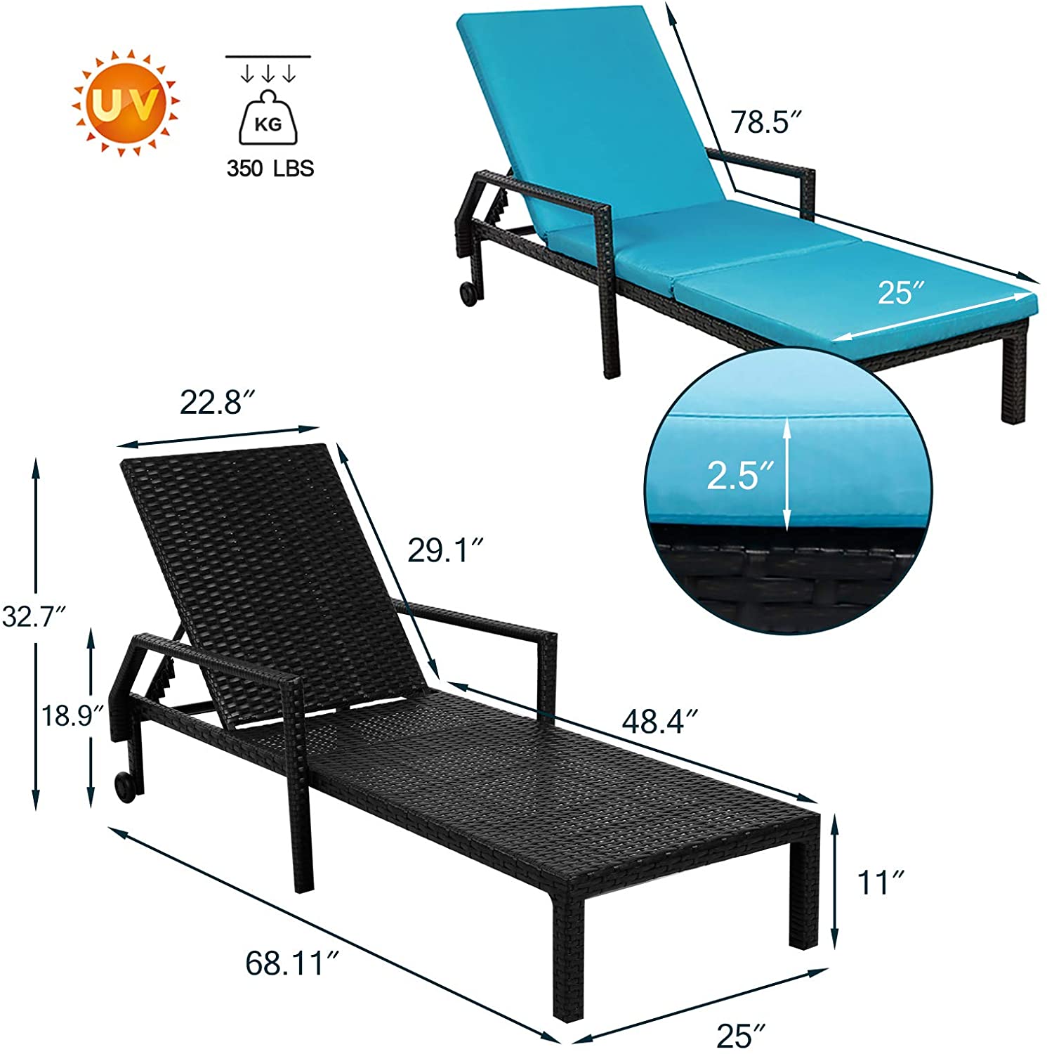 YODOLLA Adjustable Outdoor Chaise Lounge Chair Rattan Wicker Patio Lounge Chair Set of 2, for Outdoor Patio Beach Pool Backyard Lounge Chairs with Cushion and Wheels,Black