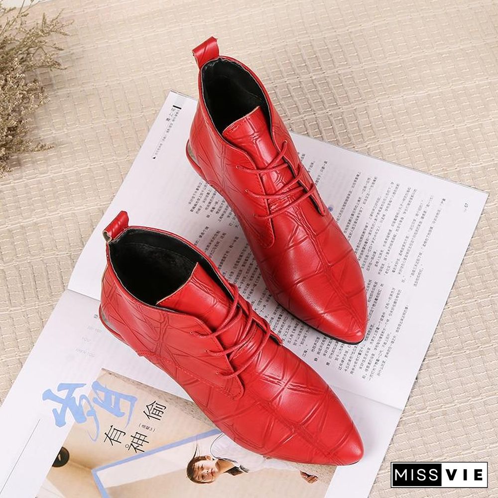 Pointed Toe Square Heel Women Boots Fashion High Heels Ankle Boots  Lace Up Leather Rubber Shoes