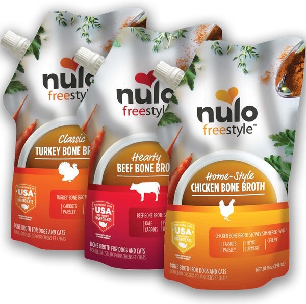 Nulo FreeStyle Grain-Free Bone Broth Variety Pack Dog and Cat Topper， 20-oz pouch， case of 3