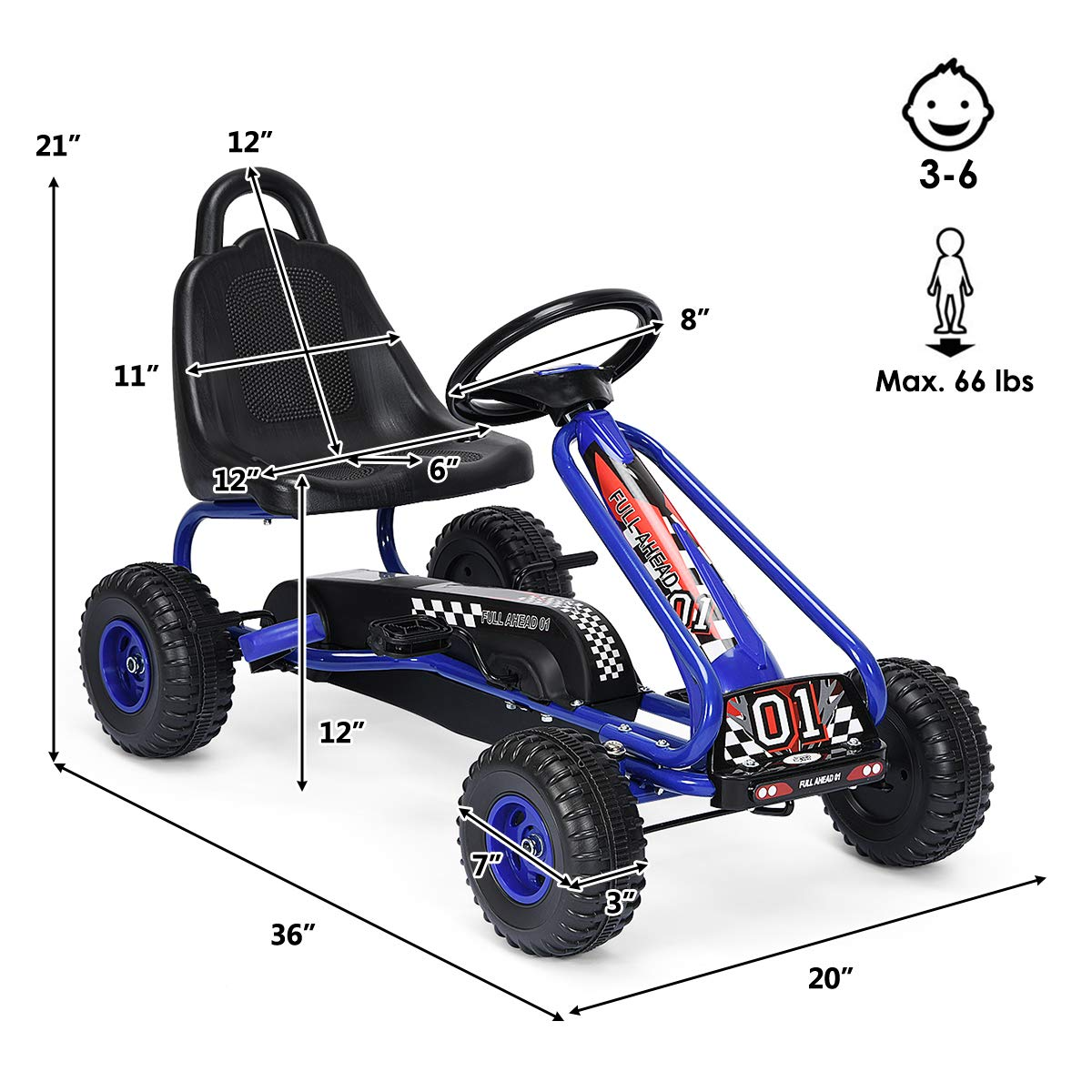 Costzon Kids Pedal Go Kart, 4 Wheel Pedal Powered Ride On Toys, Outdoor Racer Pedal Car with Adjustable Seat