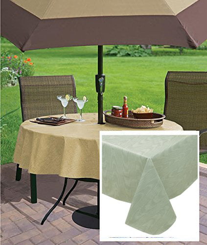 Sage Green Moire Wavy Solid Color Print Heavy Gauge Vinyl Flannel Backed Tablecloth, Indoor/Outdoor Tablecloth, (70 Inch Zippered Umbrella Hole Round)