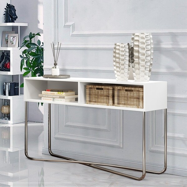 Wooden Console Table with 2 Open Compartments and Metal Frame， White and Chrome