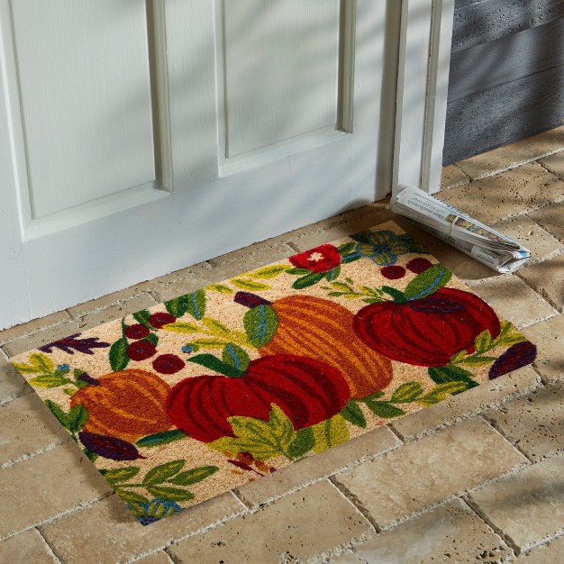 Harvest Fall Thanksgiving Pumpkin Rectangle Indoor Outdoor Coir Door Welcome Mat Multicolored On Beige Background