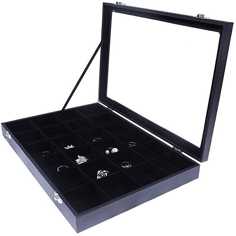 Black Jewelry Display Tray with Velvet Lining for Gemstones， Rocks (24 Slots， 14 x 9.5 x 2 In)