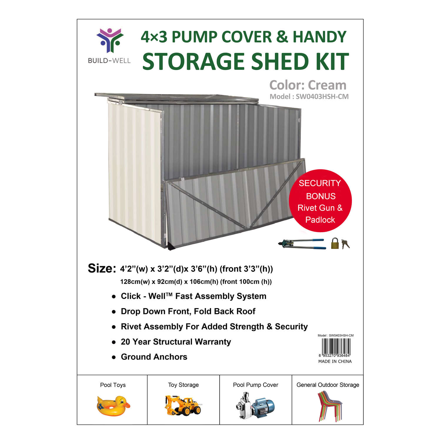 Build-Well 4 ft. x 3 ft. Metal Horizontal Modern Storage Shed without Floor Kit