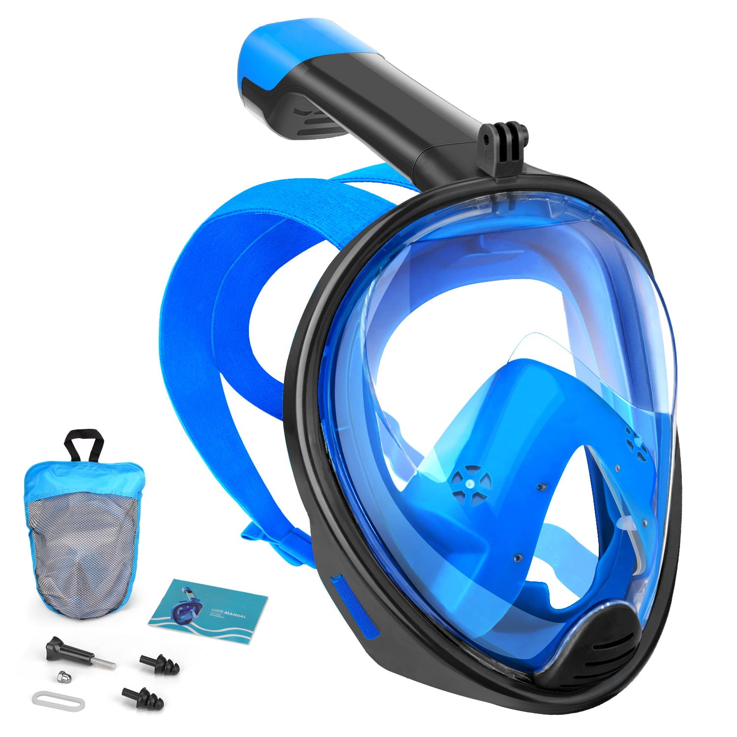 Full Face Snorkel Mask-Diving Mask with 180 Panoramic View Easy Breath， Anti-Fog and Anti-Leak， Detachable Camera Mount Dual Snorkeling Gear Perfect for Diving and Swimming Black+Blue S/M