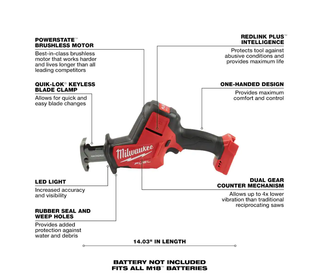 Milwaukee 2719-20-48-11-1820 M18 FUEL 18-Volt Lithium-Ion Brushless Cordless HACKZALL Reciprocating Saw with 2.0 Ah Battery