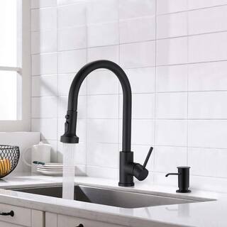 Aurora Decor Melo Single-Handle Kitchen Sink Faucet with Soap Dispenser in Matte Black KFMSHD2A101MB