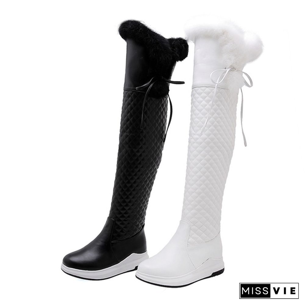 The New Winter Snow Boots Women Warm Fur Fashion Long Boots Casual Wedge Heels Over The Knee Motorcycle High Qulity Boots Female Black Or White Shoes Plus Size 33-43