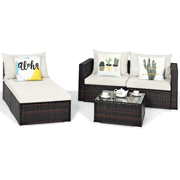 Tangkula 5 piece Patio Rattan Conversation Set Ourdoor Sectional Cushioned Sofa With Table