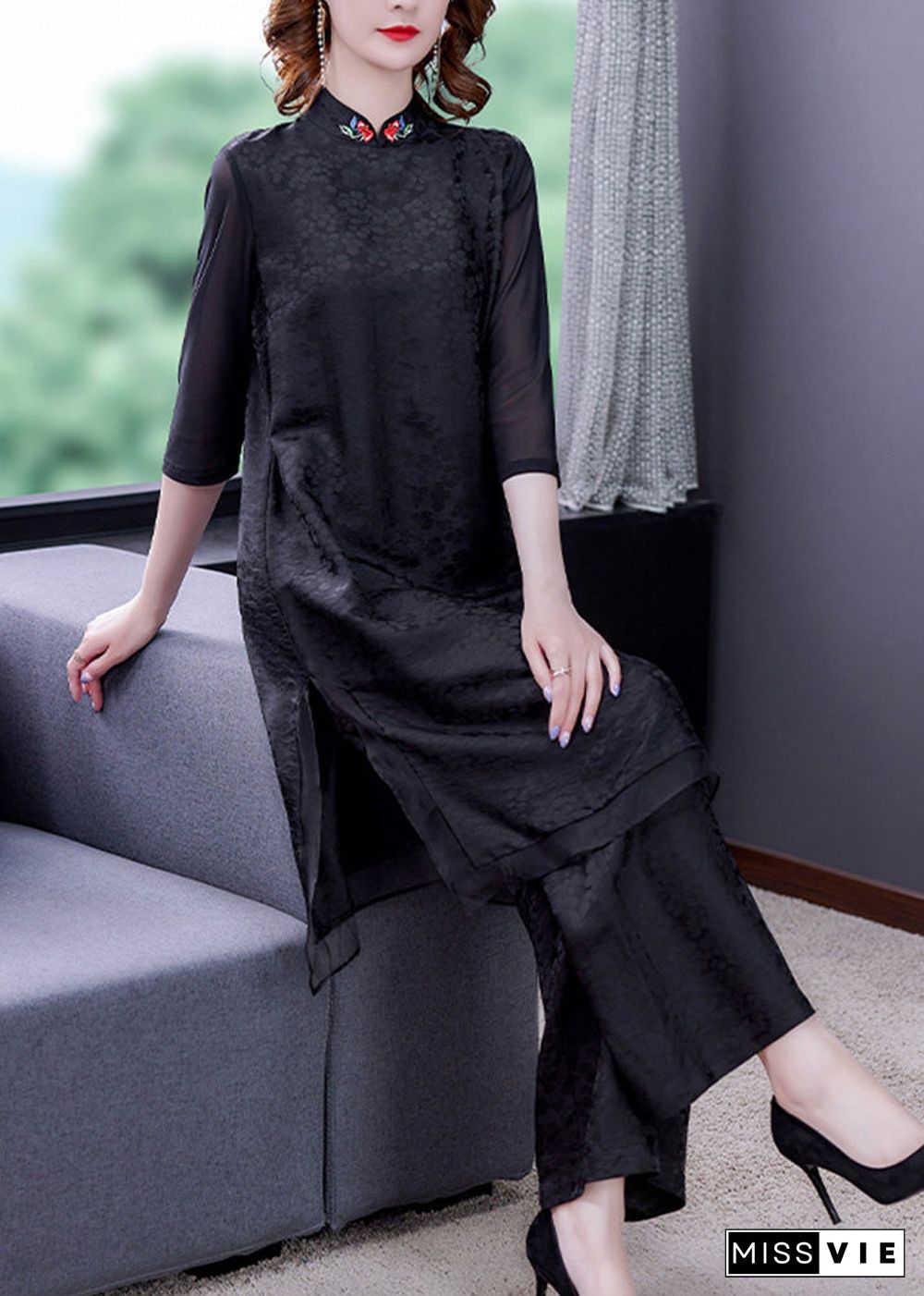 Jacquard Black Embroideried Silk Top And Wide Leg Pants Two Pieces Set Summer