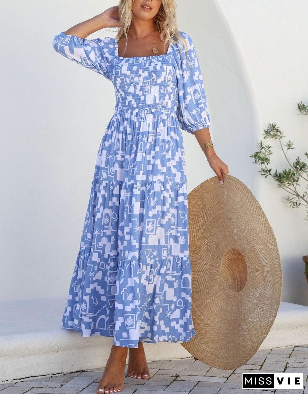 Elegant Blue Square Neck Maxi Dress