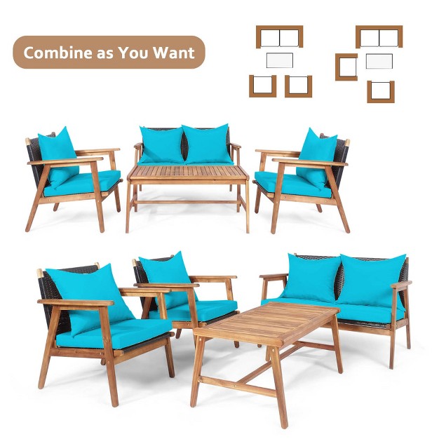 Tangkula 4pcs Patio Conversation Set Wood Frame Furniture Set W Turquoise amp Black Cushions