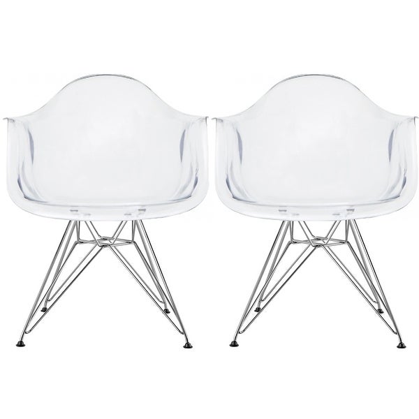 2xhome - Set of 2 Clear Modern Designer Acrylic Plastic Chair With Arms Armchairs Dining Silver Solid Chrome Office