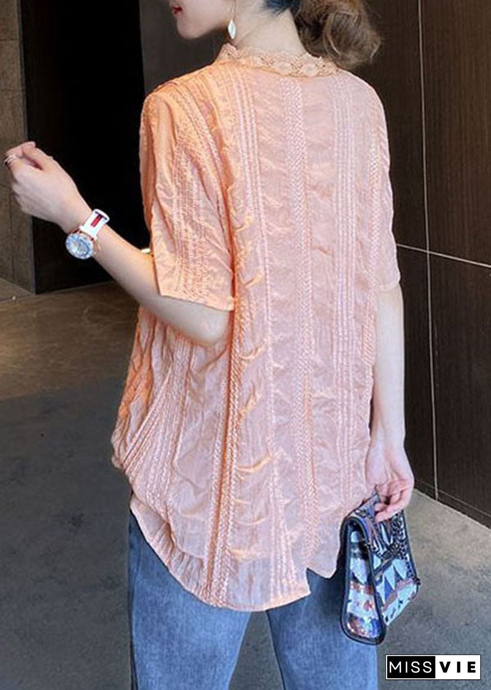 Diy Pink V Neck Lace Patchwork Chiffon Blouses Summer