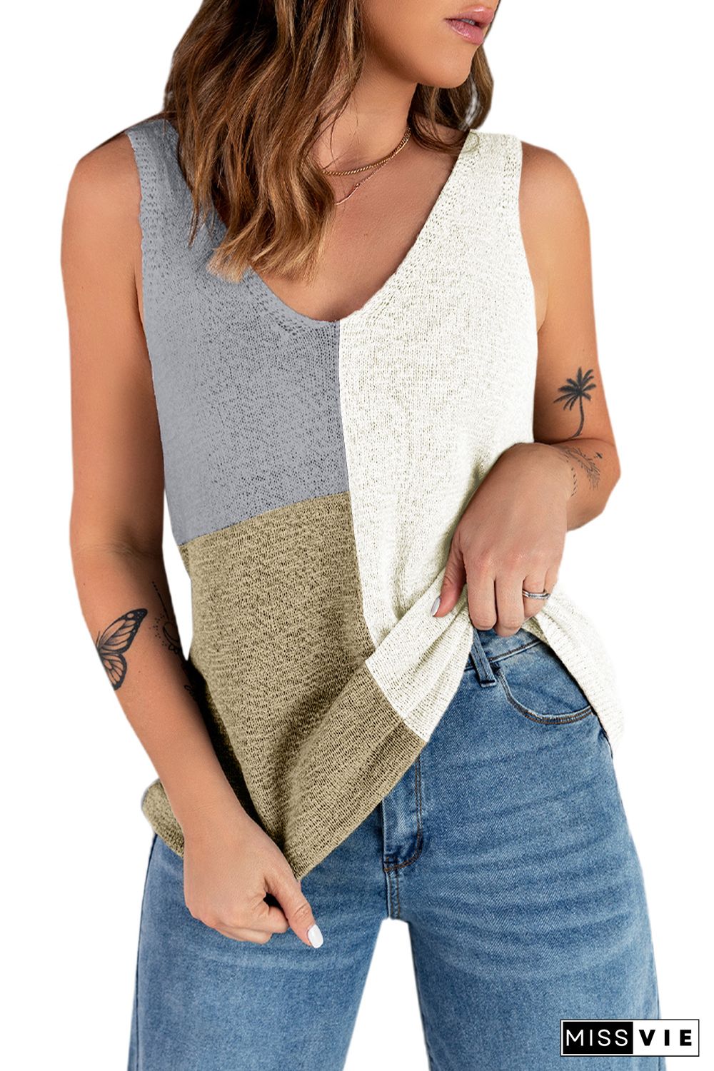 White Color Block Knitted Tank Top