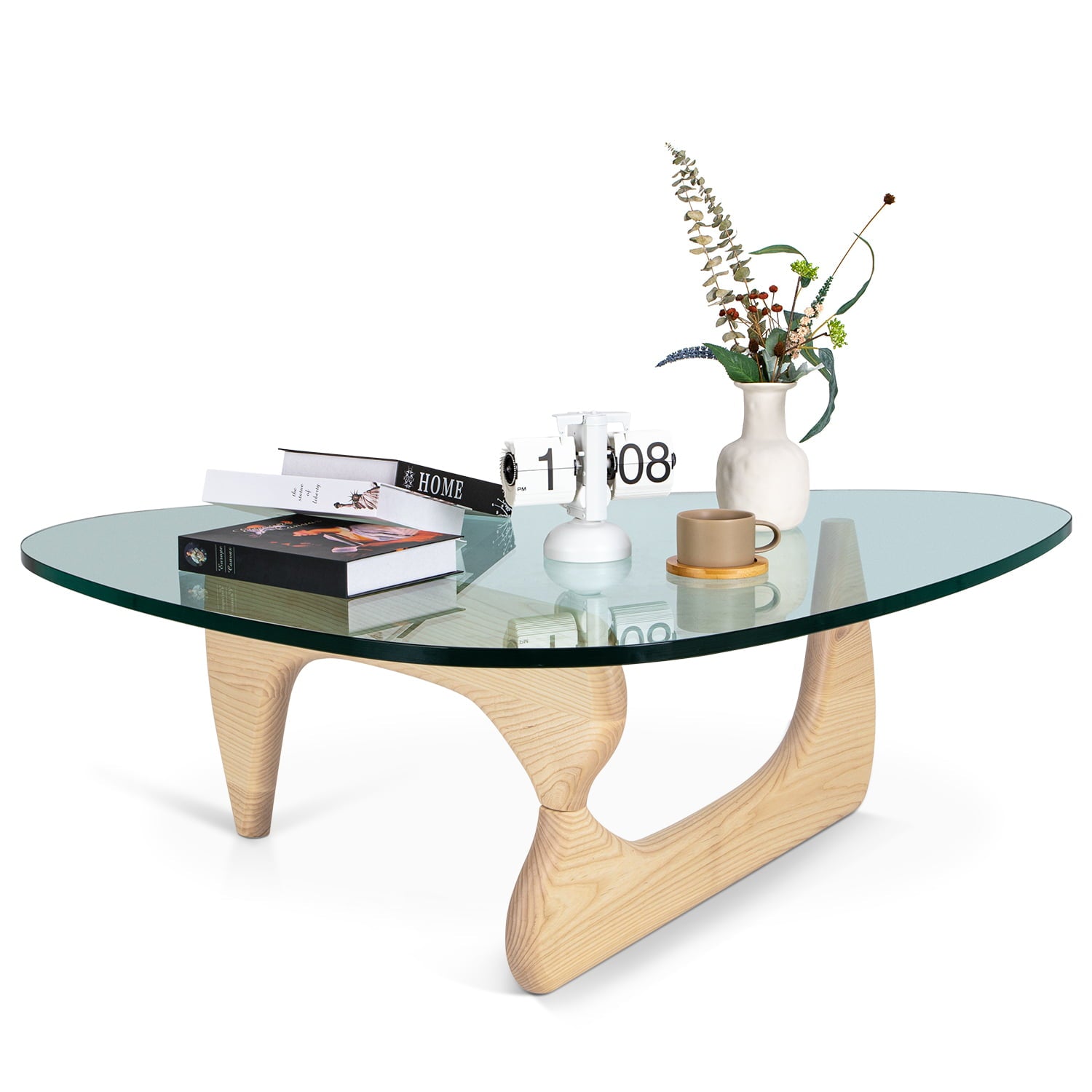 1inchome Triangle Glass Coffee Table with 0.8 inches Thick Tempered Glass, Solid Wood Base Table, Natural Wood