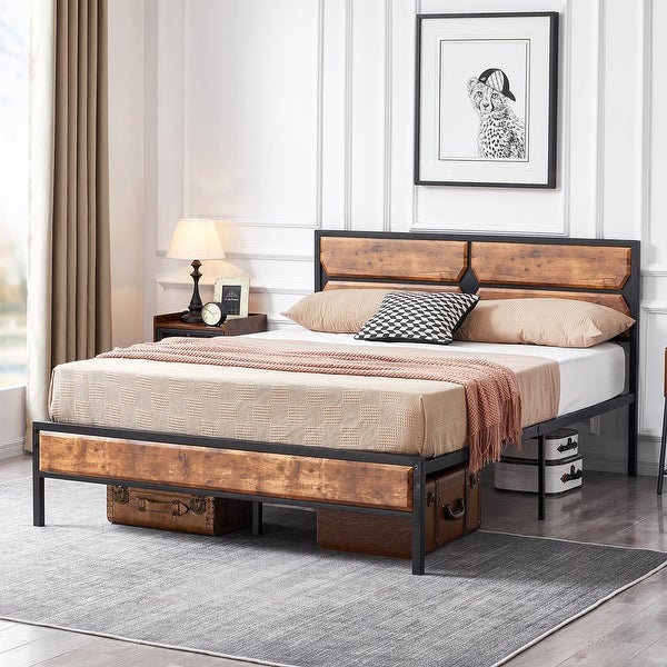 Industrial 3-Piece Vintage Brown Bed Frame and Charging Station USB Port Nightstands Set of 2 - - 36685886