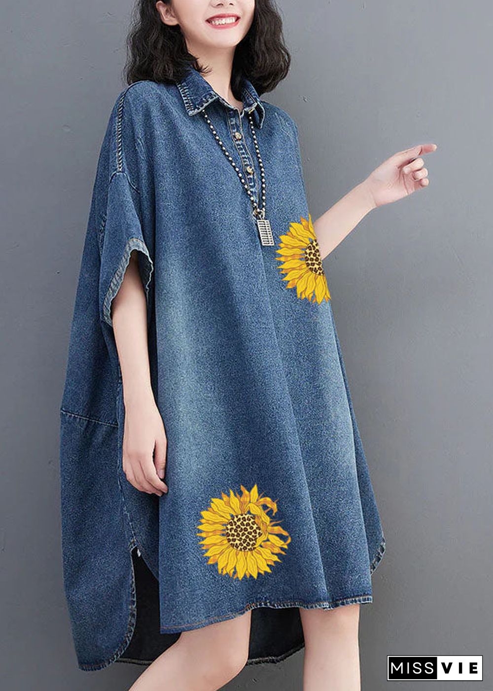 Loose Blue-little flower Button Side Open Maxi Denim Dress Summer