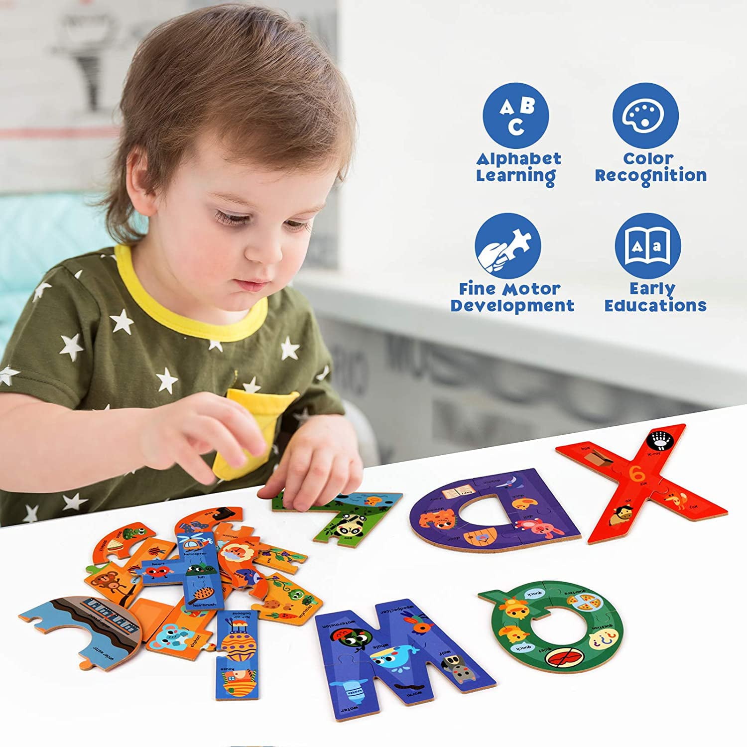 SYNARRY Wooden Alphabet Puzzles for Kids Ages 3-5， ABC Learning for Toddlers Ages 3+， Sight Words Letter Puzzles Montessori Toys Educational STEM for Preschool Boys Girls