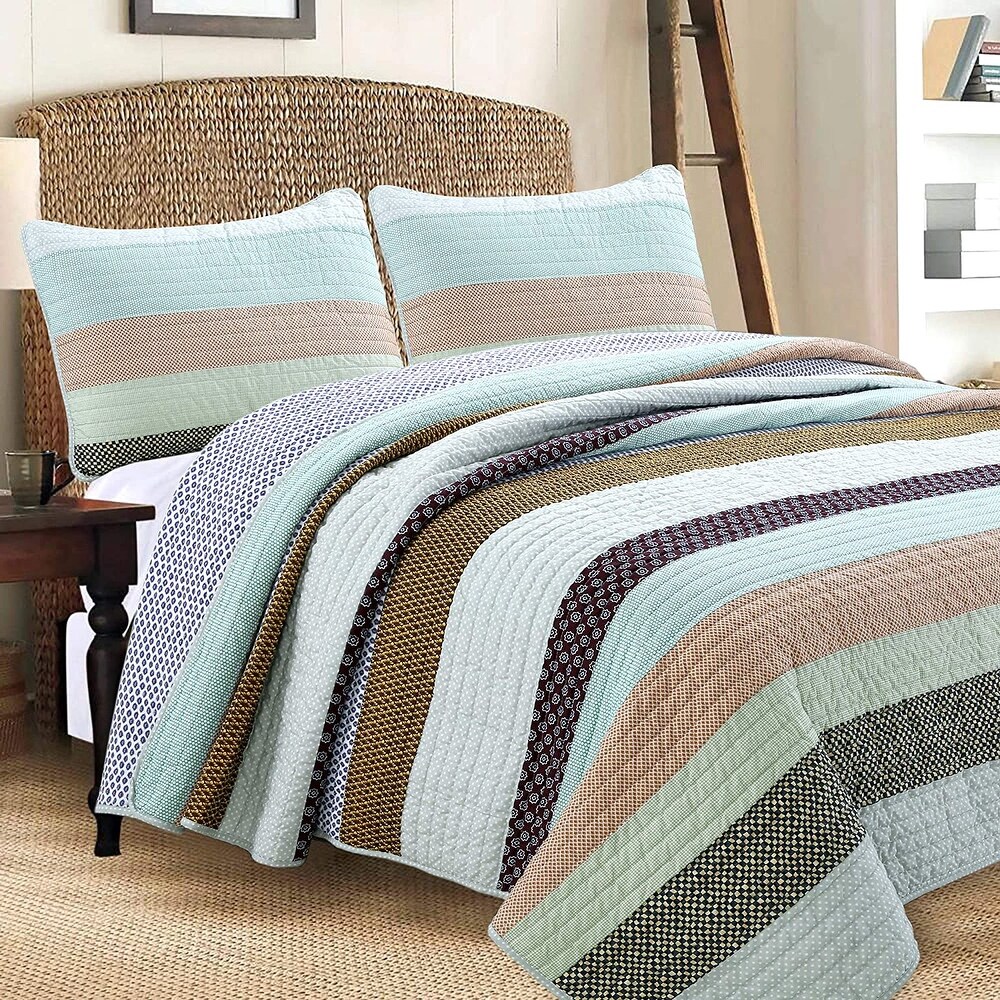 Cozy Line Striped Cotton Reversible 3 Piece Quilt Bedding Set