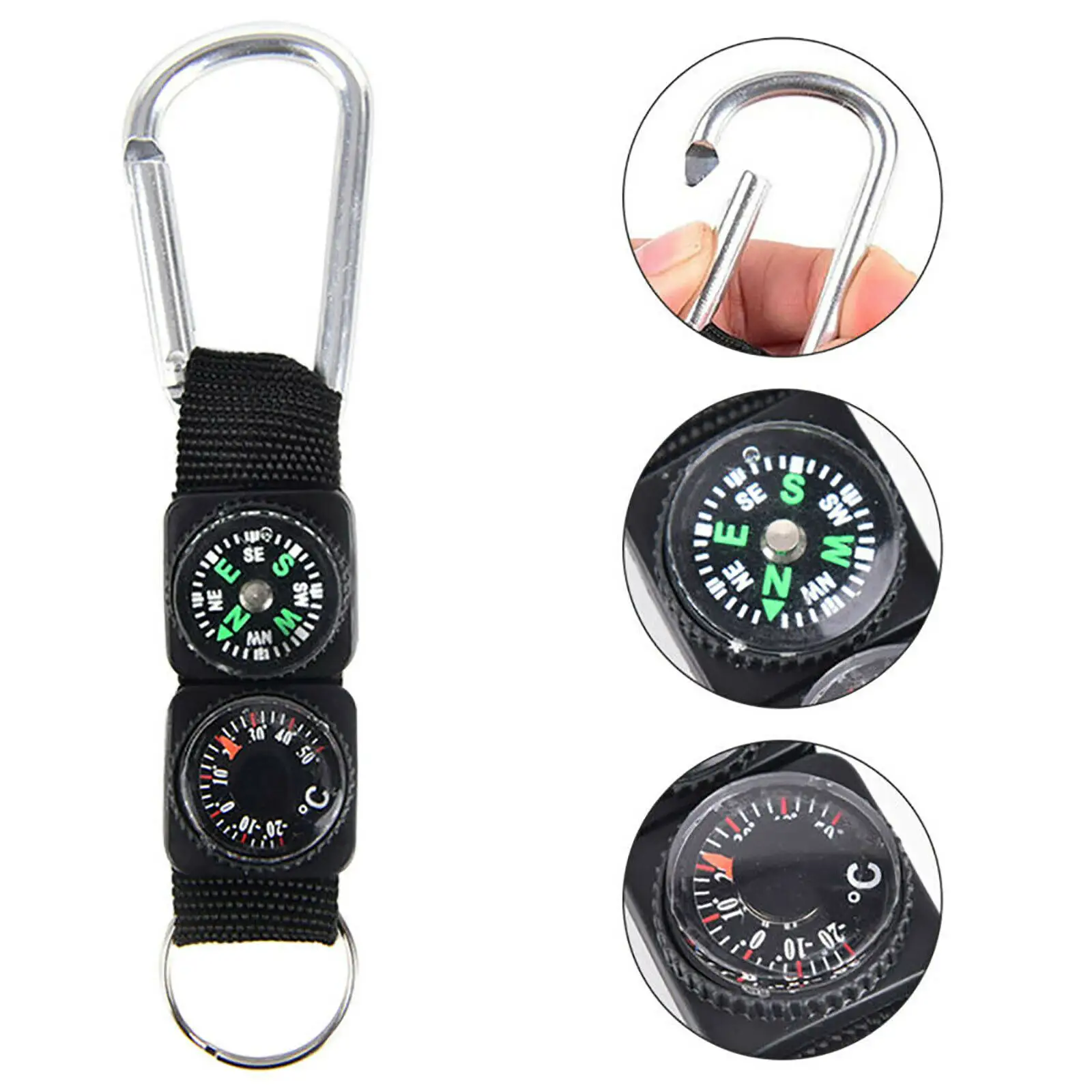 Outdoor Camping Hiking Survival Buckle Keychain Compass Thermometer Carabiner Climbing Hook Portable Safety Survival Tools