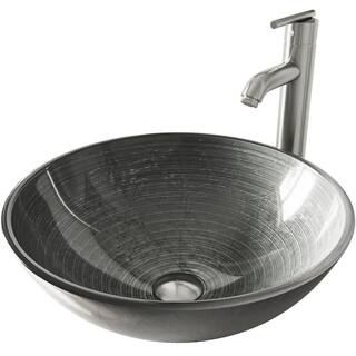 VIGO Glass Round Vessel Bathroom Sink in Silver with Seville Faucet and Pop-Up Drain in Brushed Nickel VGT838