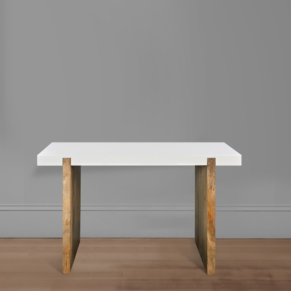 Kerry 48 Inch Rectangular Mango Wood Console Table  Sled Base  Glossy White  Natural Brown