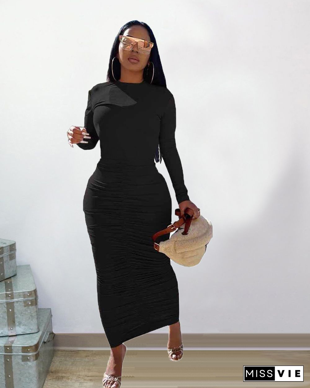 Long Sleeve O Neck Pleated Pullover Dress