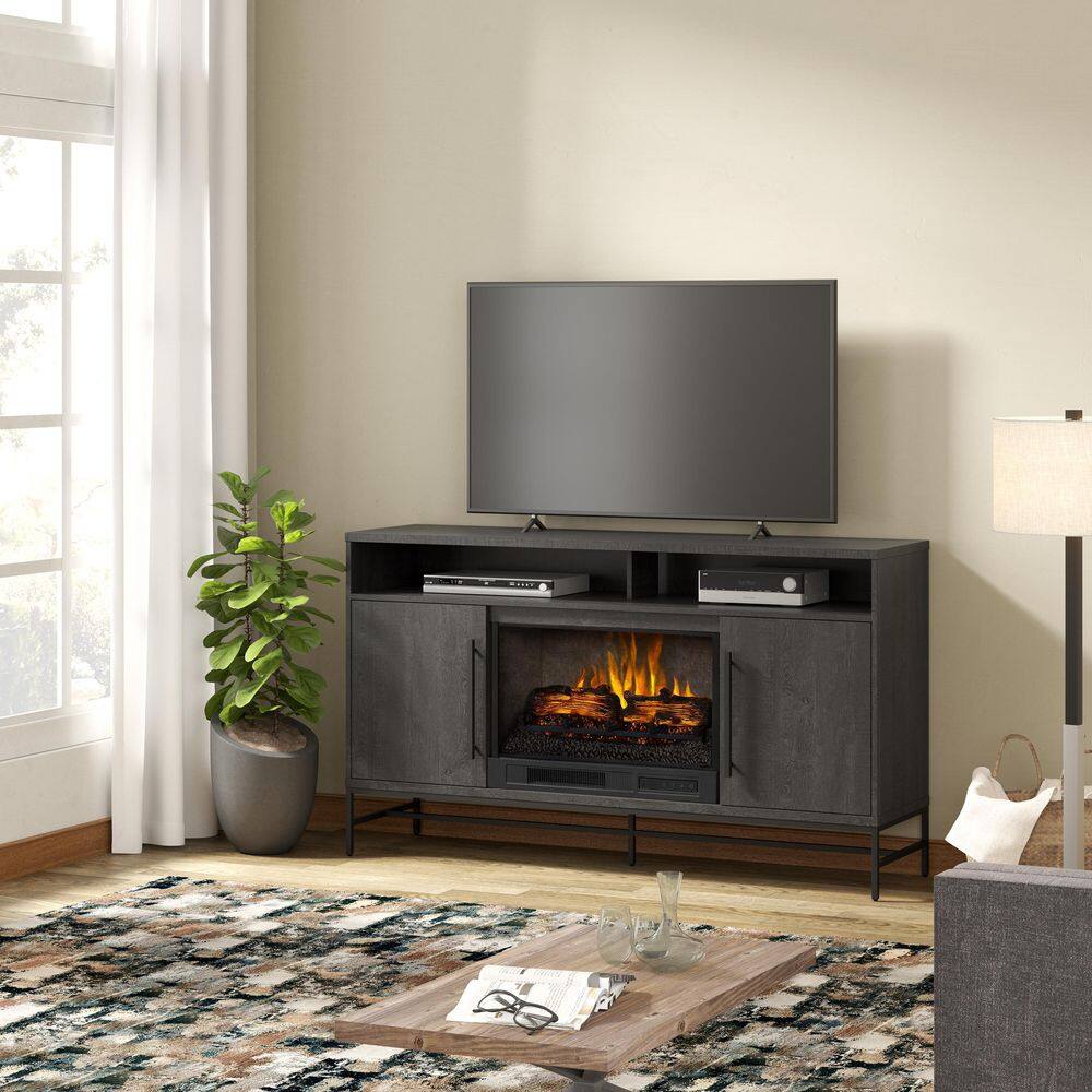 SCOTT LIVING KAPLAN 60 in. Freestanding Media Console Wooden Electric Fireplace in Gray Fawn Aged Oak HDSLFP60L-1A