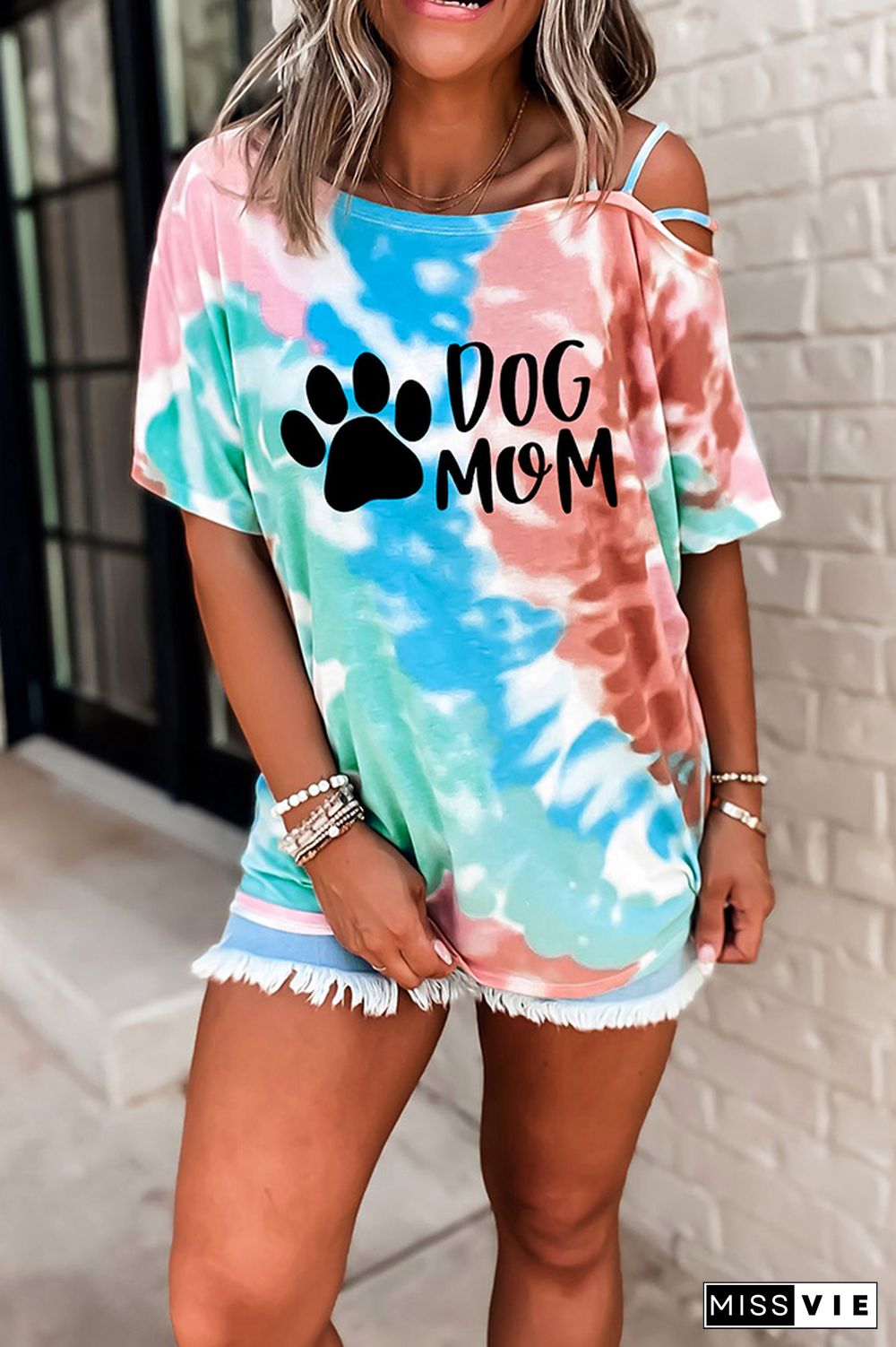 Dog Paw and MOM Print Graphic Tees for Women Wholesale Short Sleeve T shirts Top