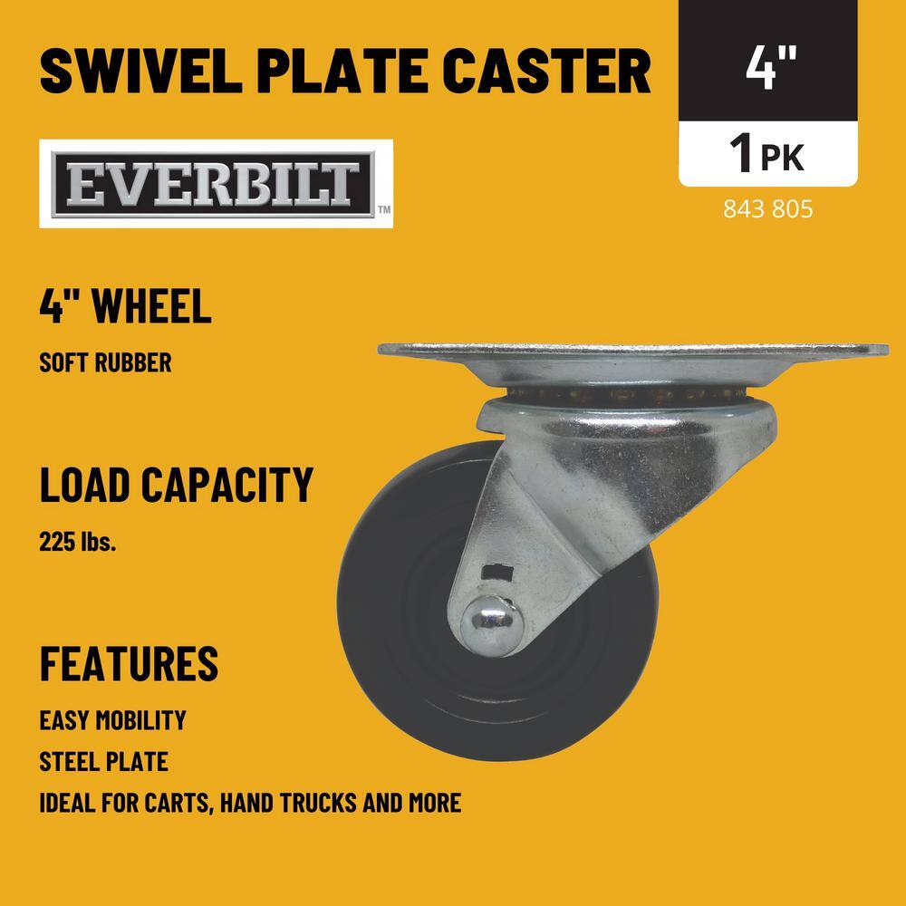 Everbilt 4 in. Black Soft Rubber and Steel Swivel Plate Caster with 225 lbs. Load Rating 49480