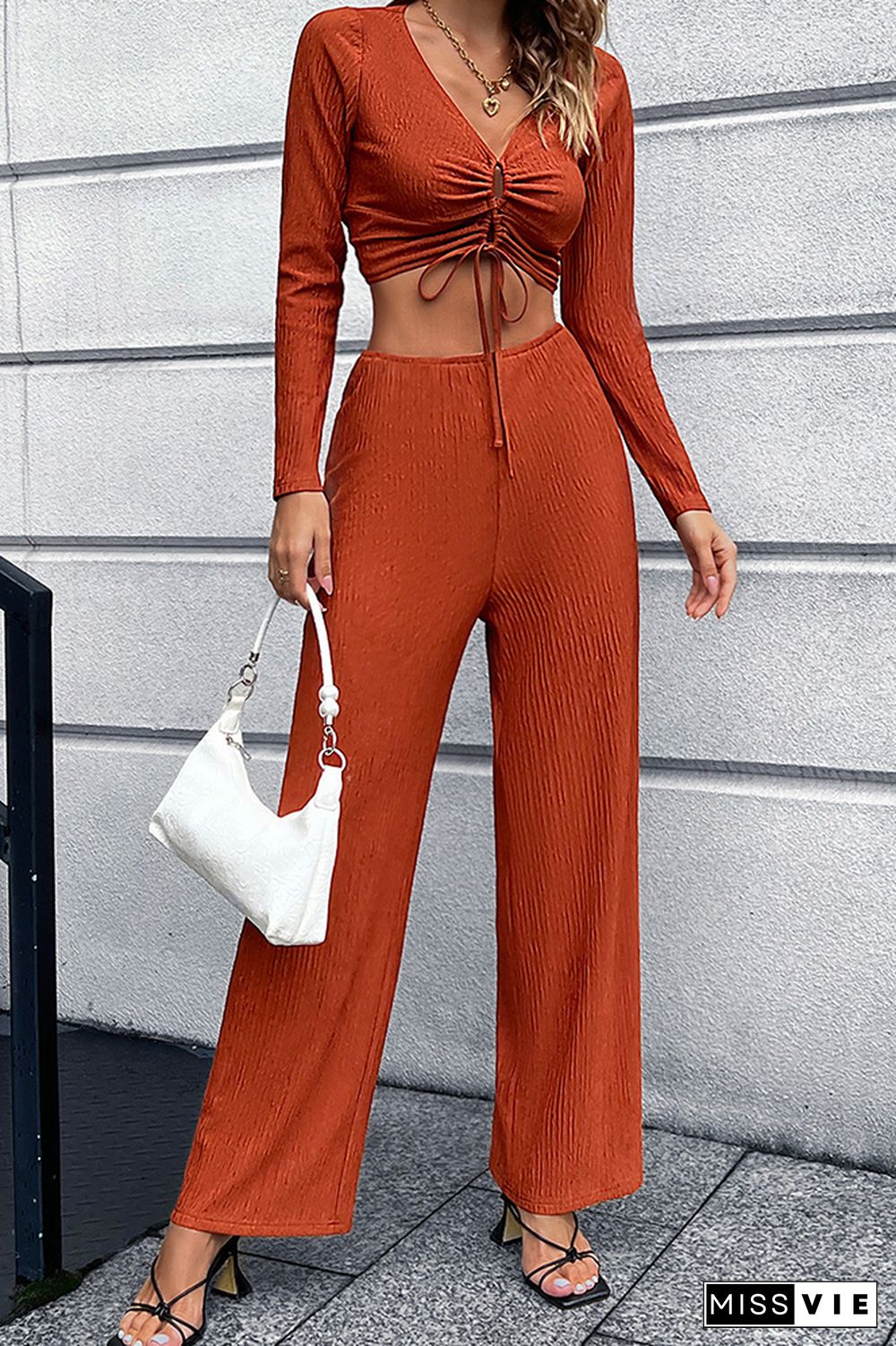 V Neck Ruched Top with Wide Pants 2pcs Pant Set