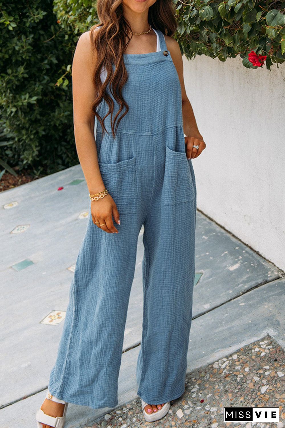 Plain Texture Wide Leg Cami Jumpsuit