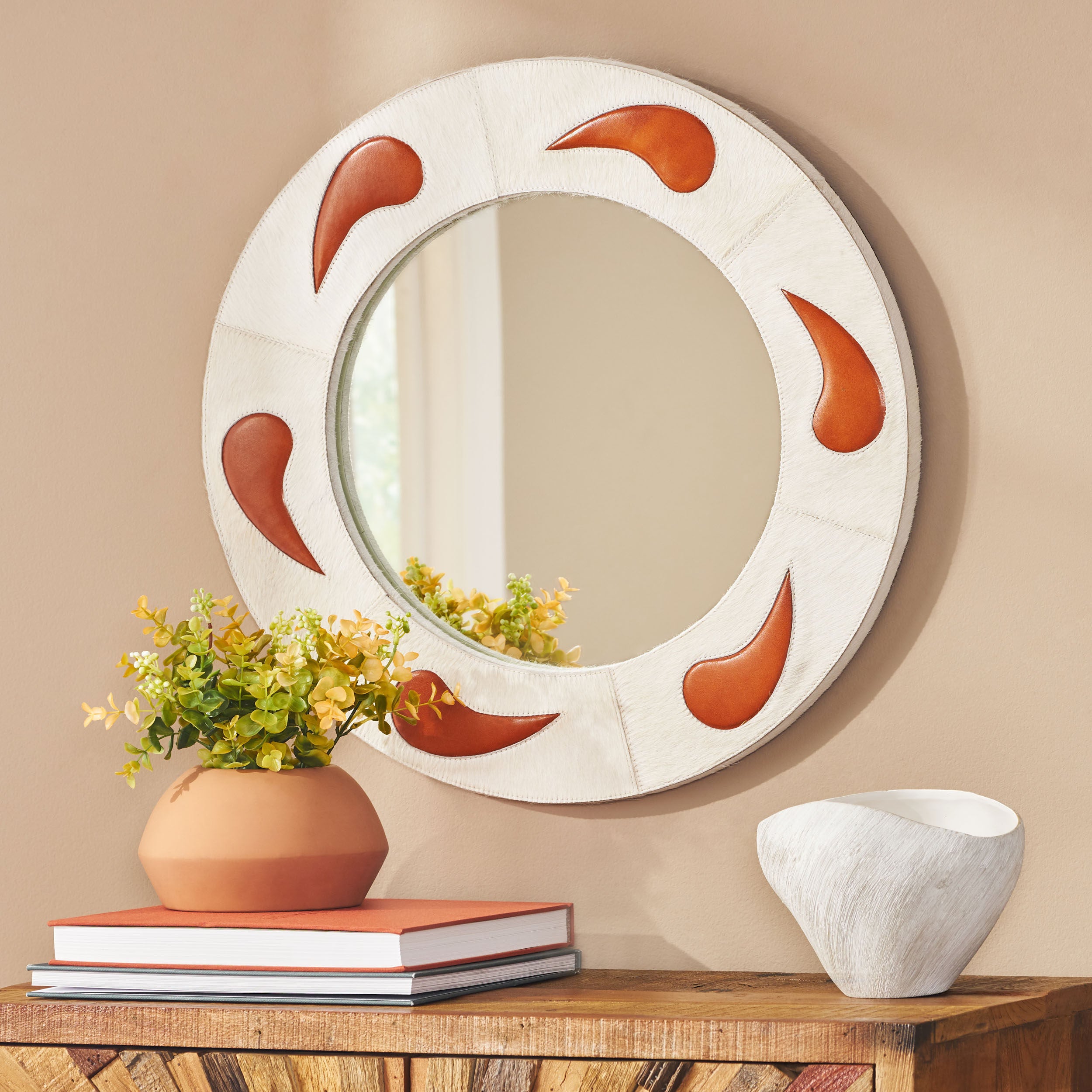 Dutton Handcrafted Boho Leather Round Wall Mirror