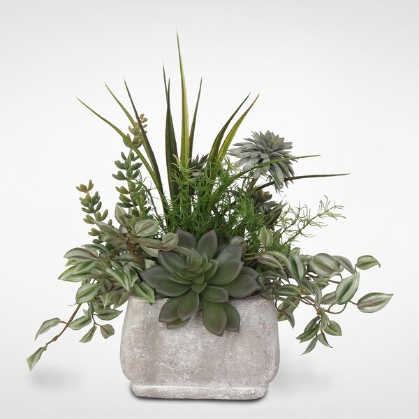 Assorted Artificial Succulents and Greenery in a Stone Pot