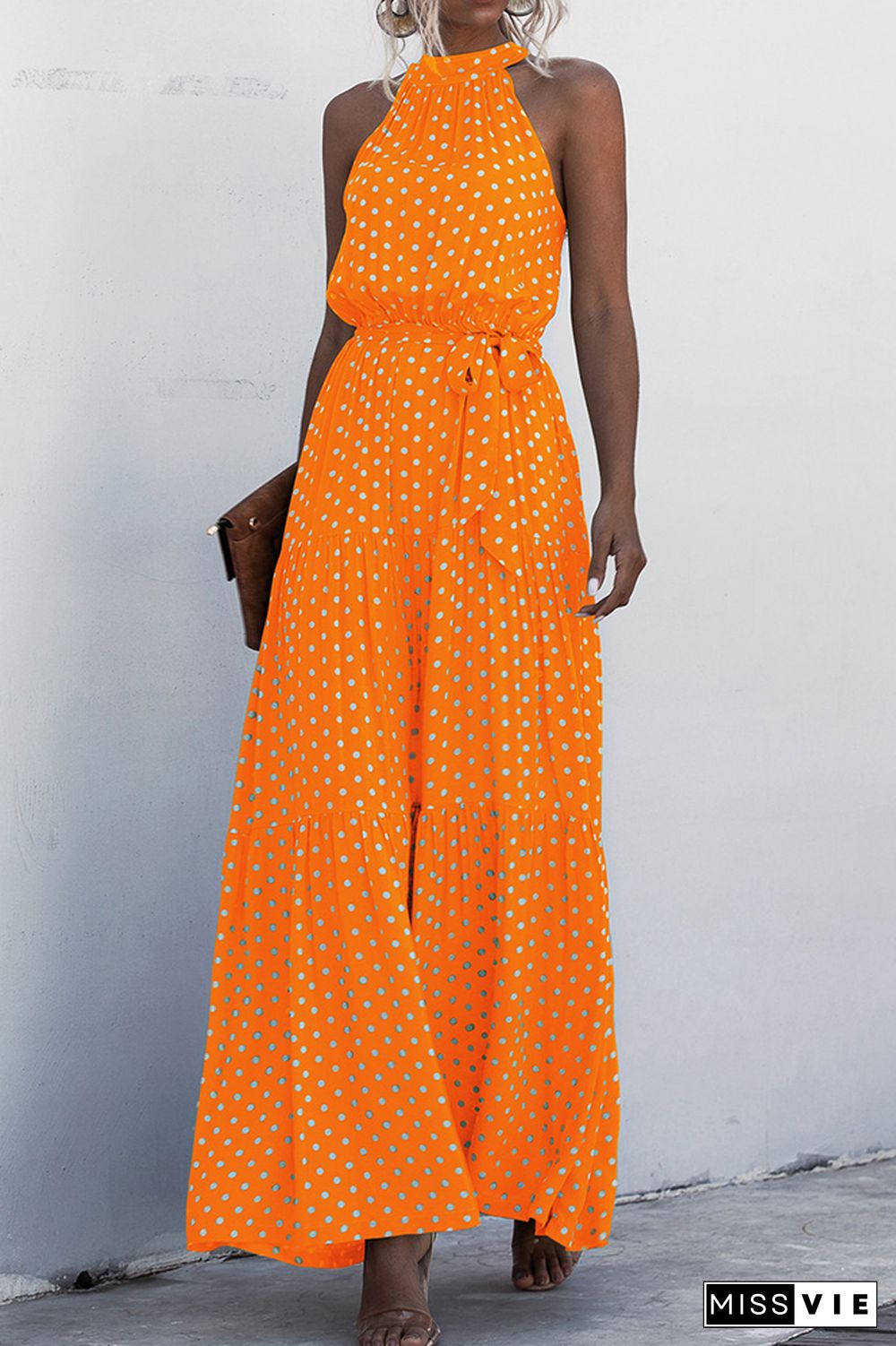 Halter Polka Dot Print Tie Waist Maxi Dress Wholesale