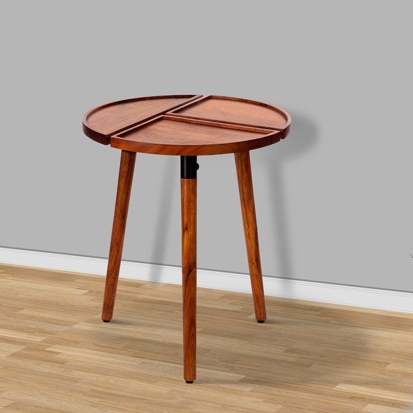 18 Inch Round Acacia Wood Side Accent End Table with 3 Tabletop Sections， Warm Brown