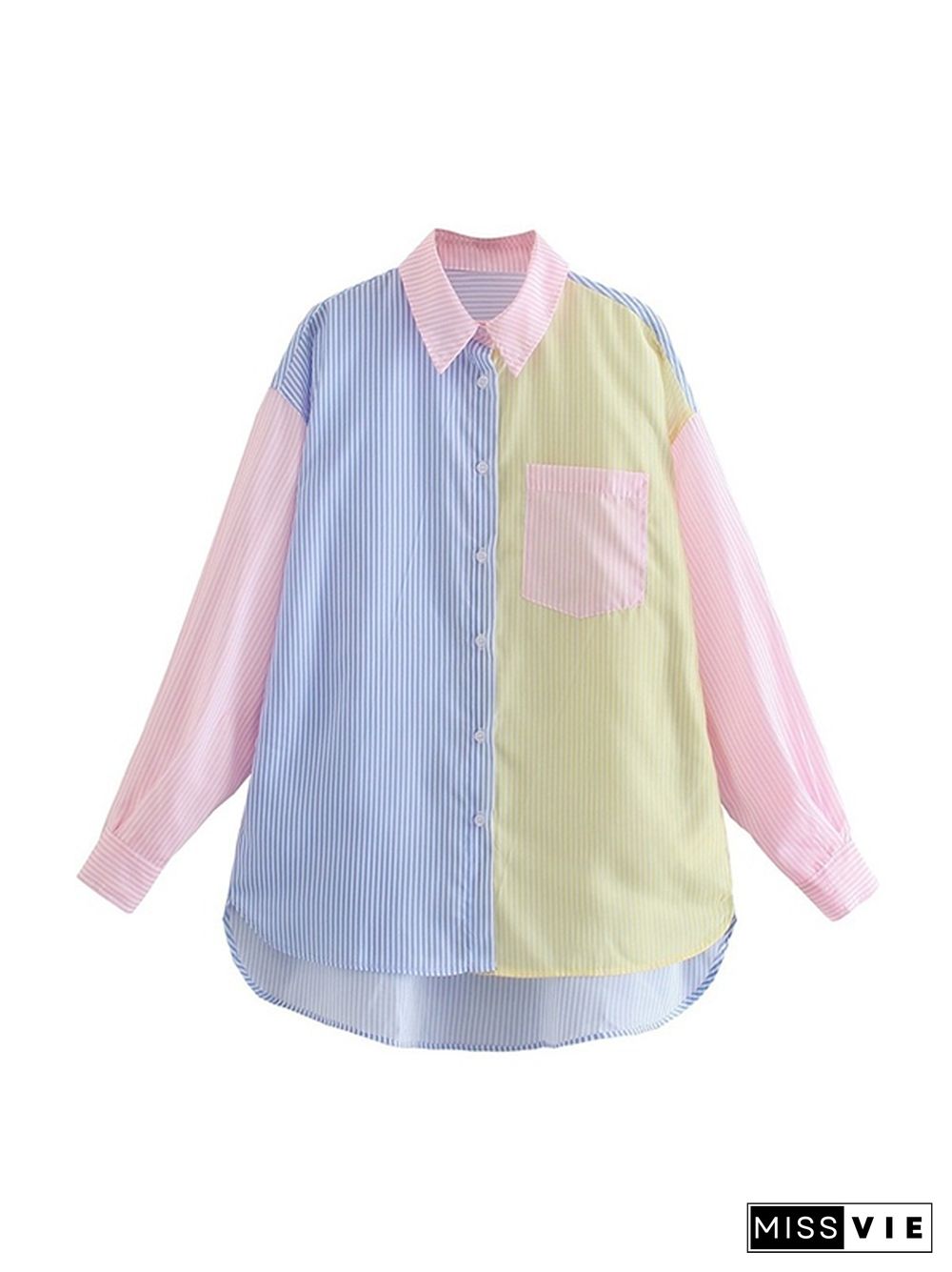 Colorful Pinstripe Splice Baggy Long Sleeve Blouse