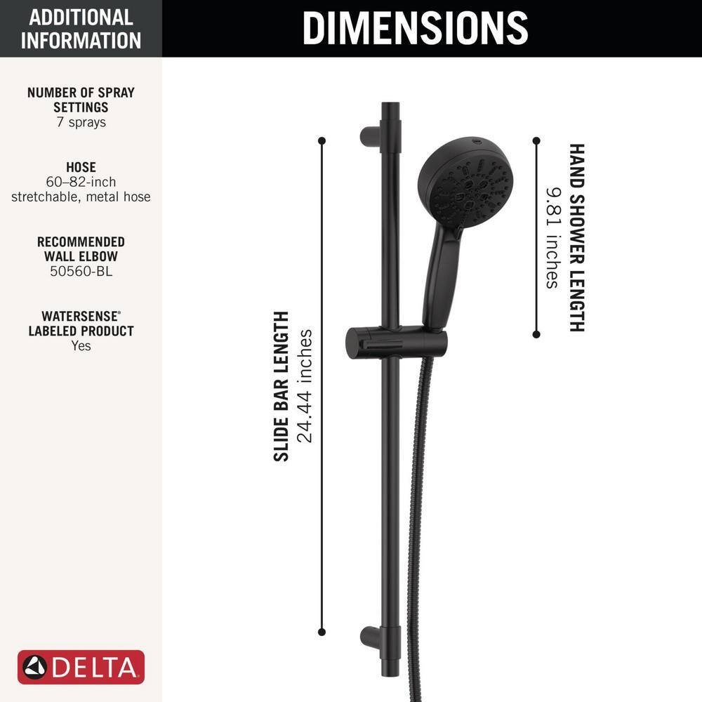 Delta 7-Spray Patterns 4.5 in. Wall Mount Handheld Shower Head 1.75 GPM with Slide Bar and Cleaning Spray in Matte Black 51584-BL