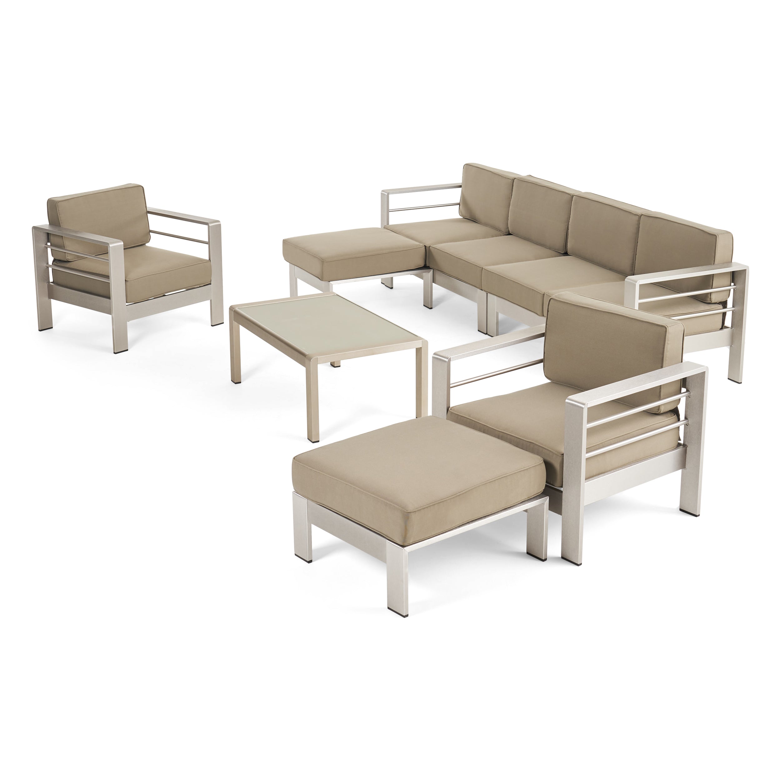 Emily Coral Outdoor Aluminum 6-Seater Sectional Sofa Set with Ottomans and Coffee Table, Silver and Khaki