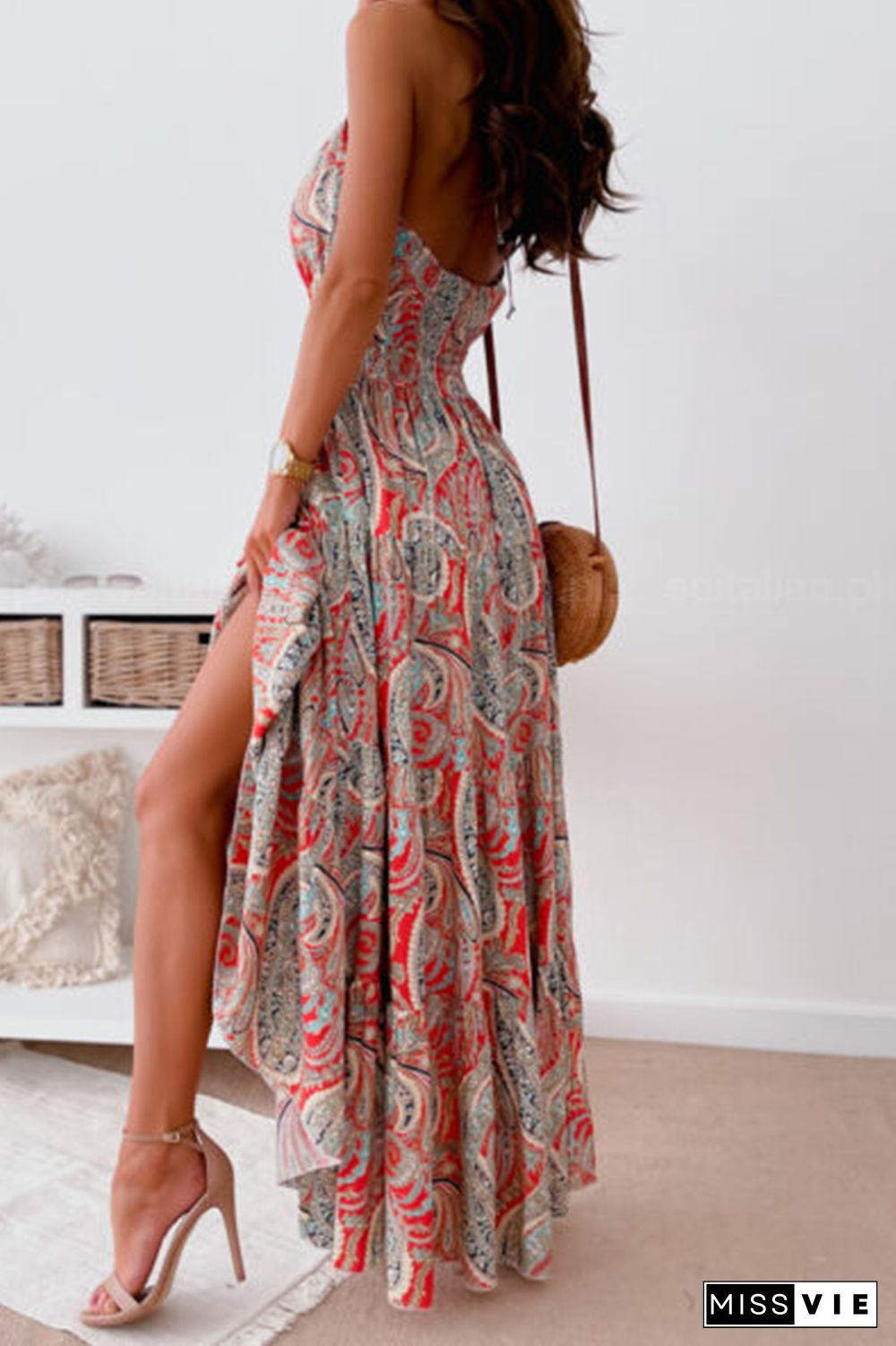 Fashion Print Split Joint Halter Waist Skirt Dresses